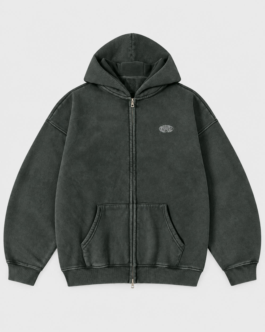 Unfaced Studios washed zip hoodie, front, on light grey